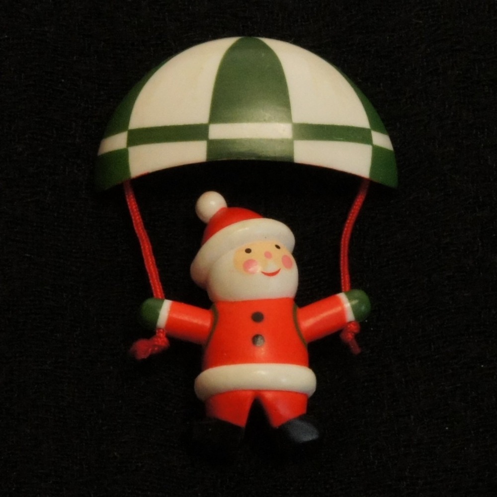 Vintage Santa Parachute Brooch Dangling Christmas Pin Plastic Holiday
